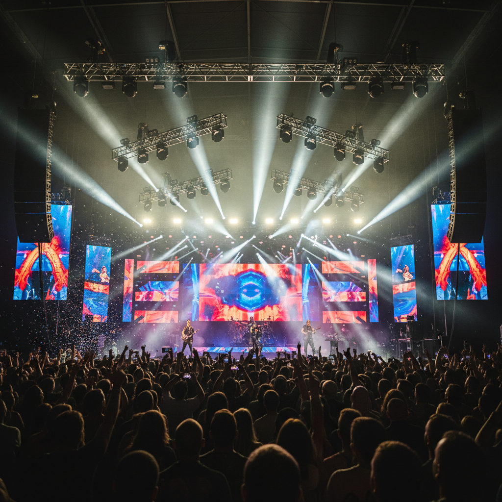 High-resolution, wide-angle photo of a live concert showing dramatic stage lighting with beams through haze, overhead trussing loaded with moving-head fixtures, LED walls, and visible PA speaker arrays, shot from the audience perspective. Modern, professional touring rig look, vivid but realistic colors, sharp detail.
